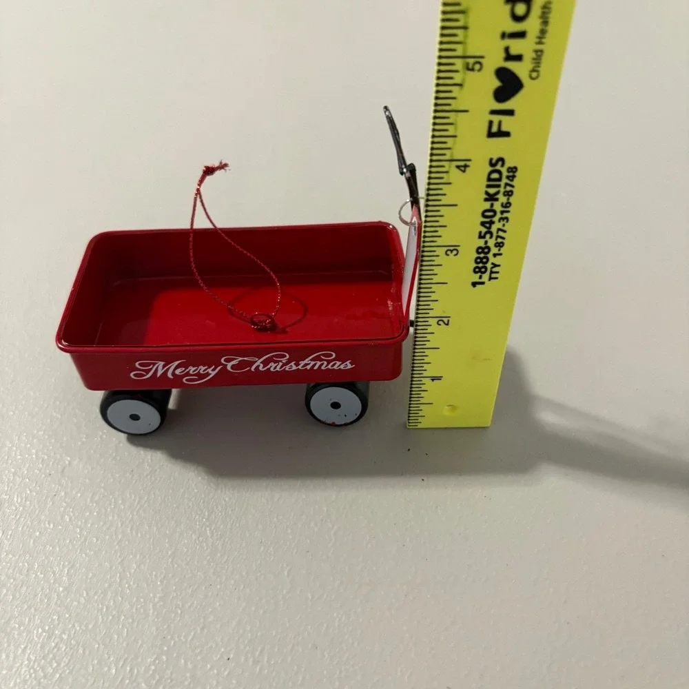 Set of 3 Miniature Red Metal‎ Merry Christmas Wagons Holiday Decor Ornaments